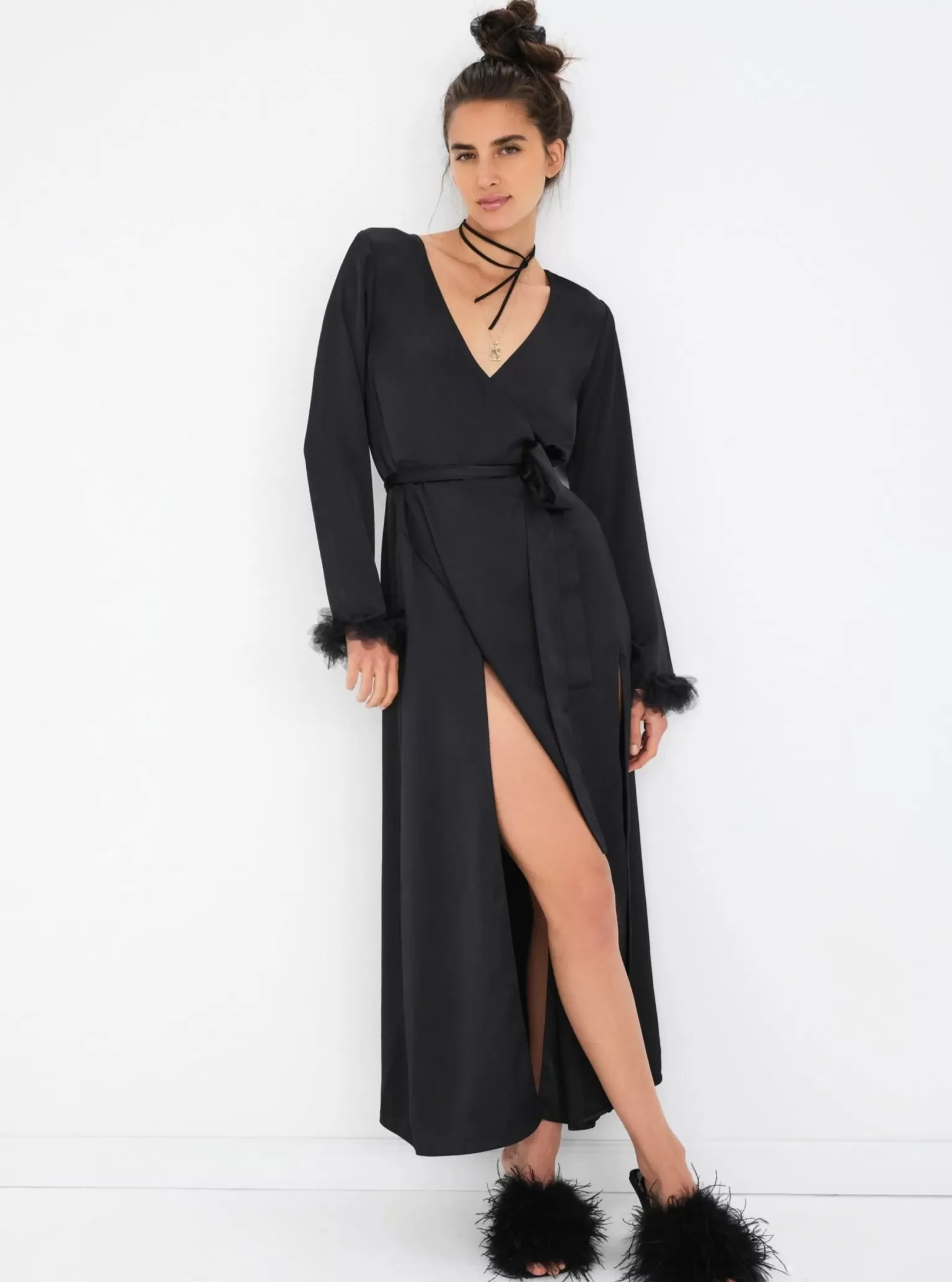 Online For Love & Lemons Floral Trim Robe Black