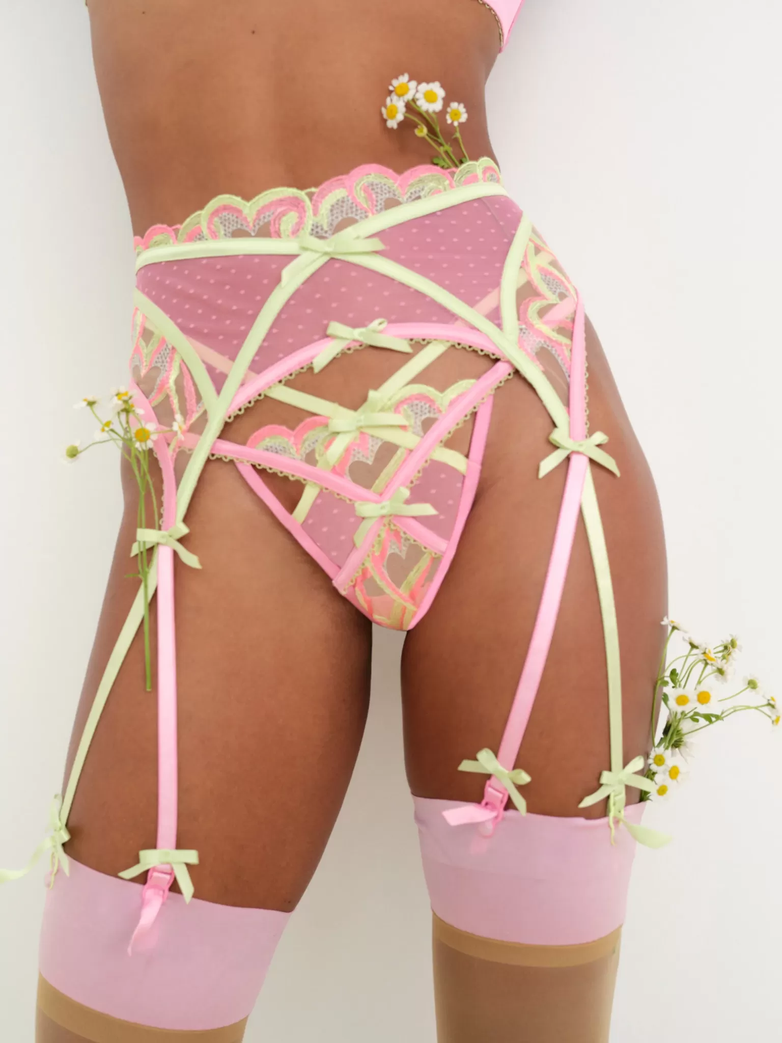 Sale For Love & Lemons Hugging Hearts Embroidery Garter Belt Pink