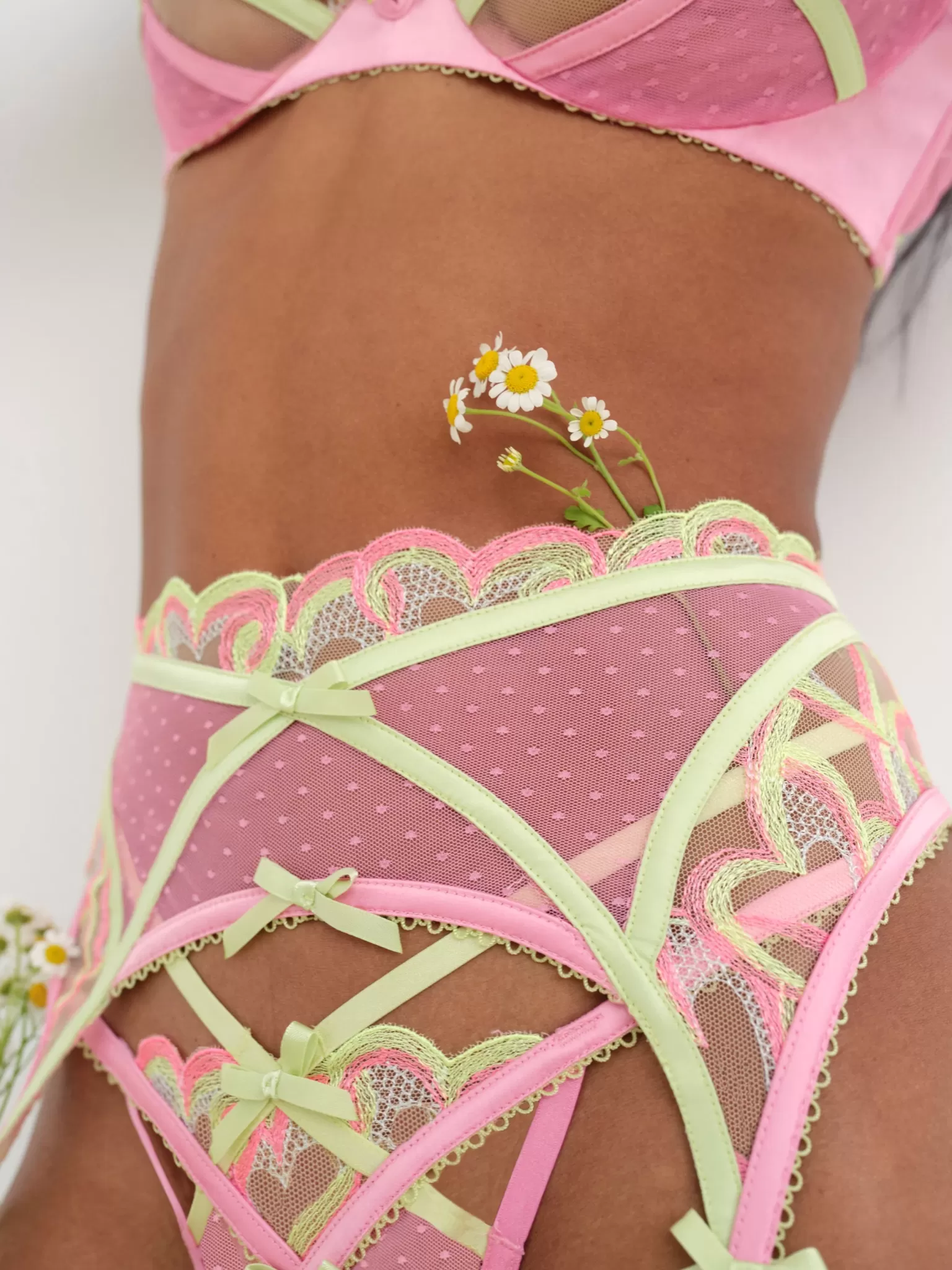 Sale For Love & Lemons Hugging Hearts Embroidery Garter Belt Pink