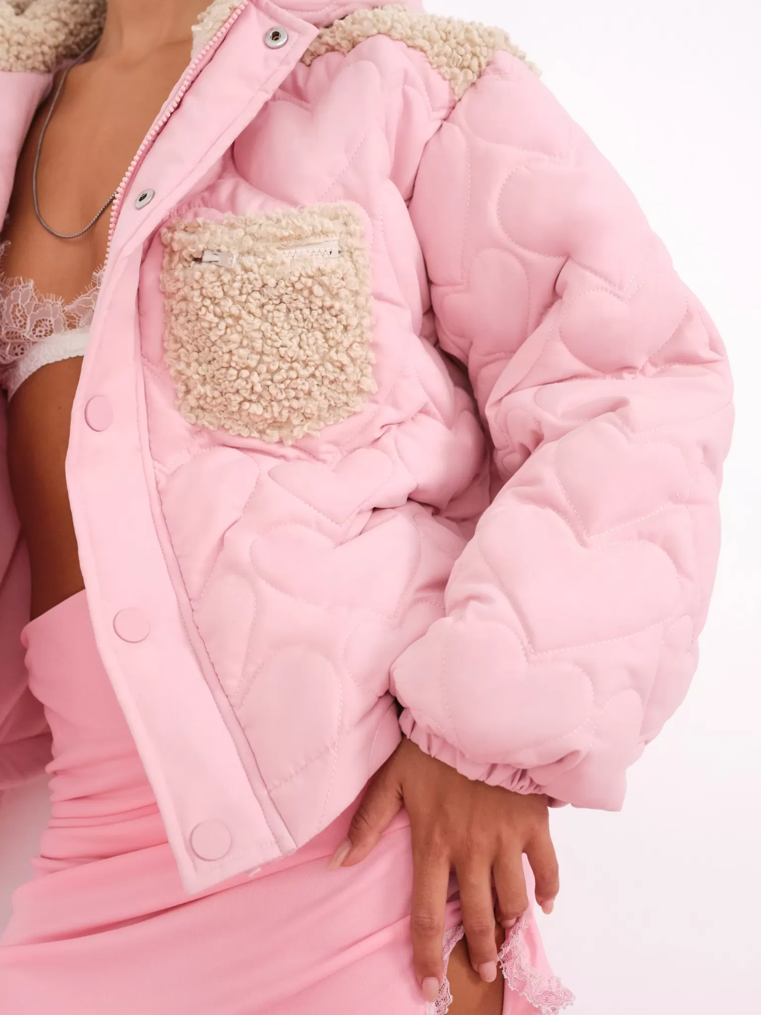 Outlet For Love & Lemons Puffer Jacket With Ruffle Trim & Heart Embossing Pink